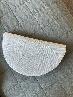 Vintage CARYL BRILL White Beaded Satin Half Moon Crossbody Purse Clutch Bag